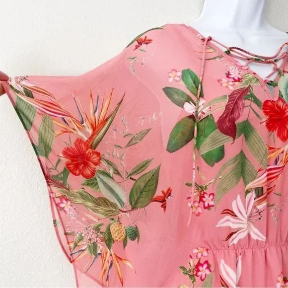 Express pink floral sheer chiffon cinched waist dress M - Picture 6 of 15